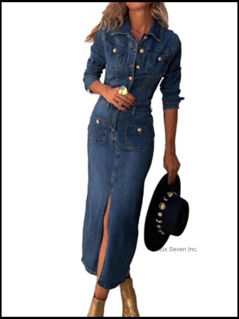Trendy Long Sleeve Button Down Denim Maxi Dress with Slit - Picture 4 of 5